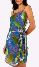 Farm Rio Blue & Green Macaw Bird Linen Front Wrap Dress Sz Medium