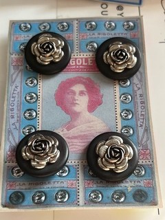 Lot of 4 Black w/Silver Flowers Vintage Shank Buttons