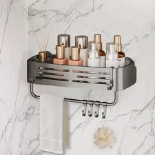 Suction Cup Shelf Gray Bathroom Shelf Cargo Organizer with 4PCS Hooks 1PCS Towel