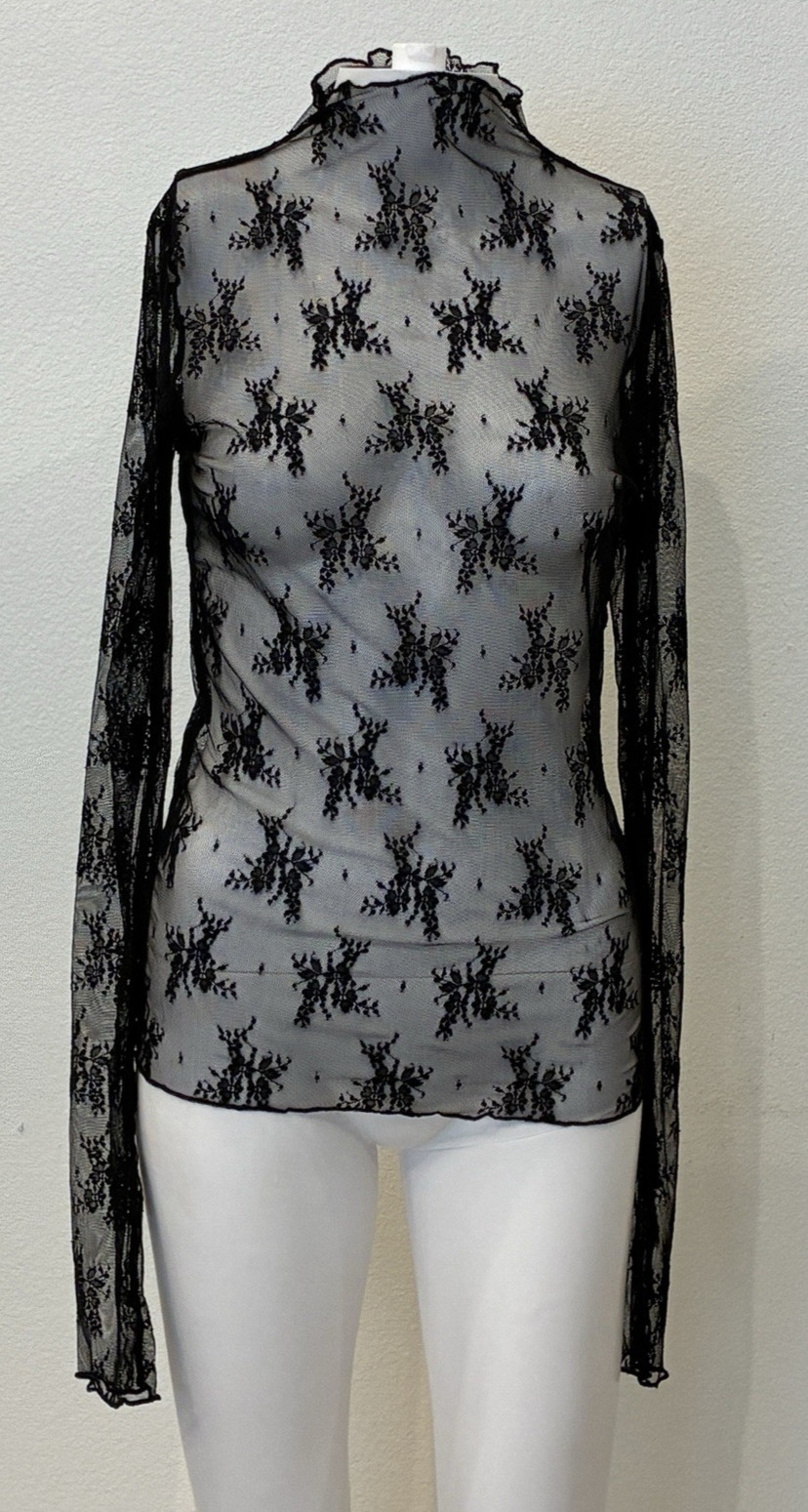 Y2K Whimsigoth Sheer Floral Mesh Top Size L Black Lace Fairy Grunge Ververet