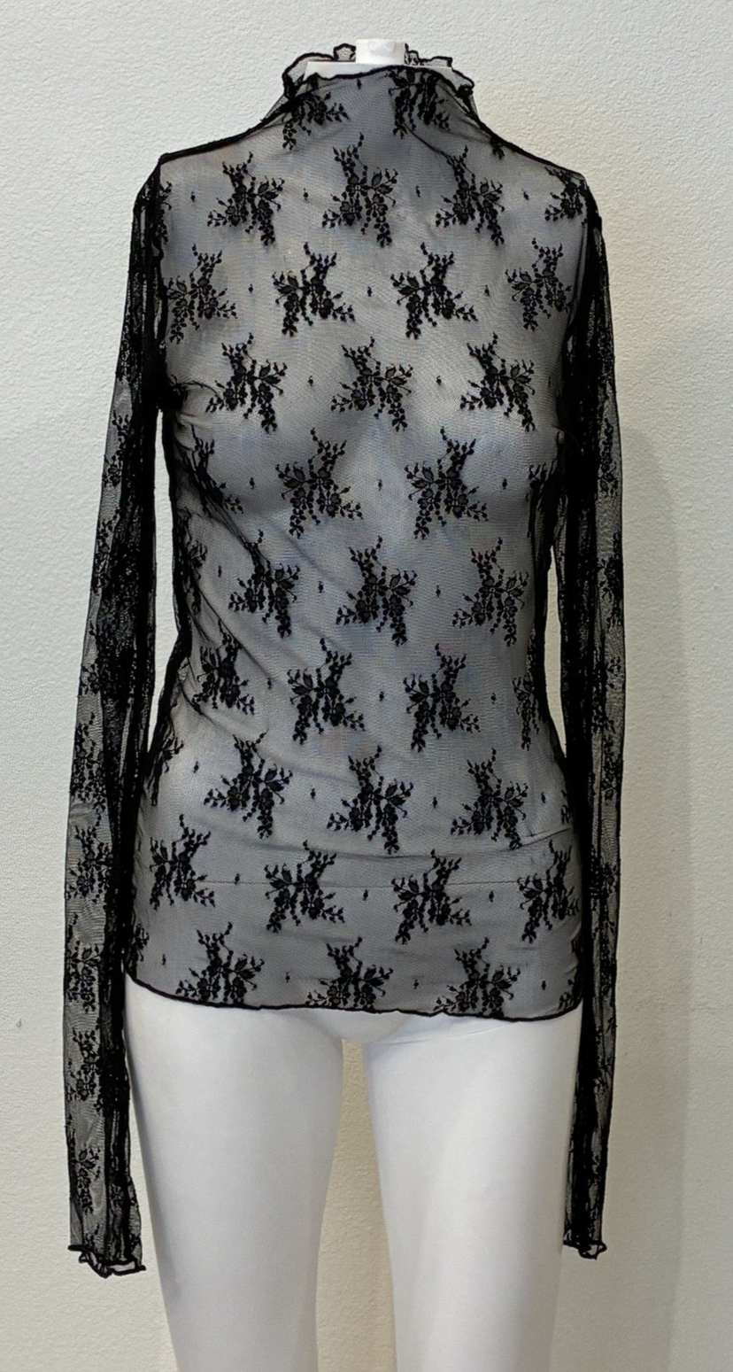 Veveret Y2K Whimsigoth Sheer Floral Mesh Womens Top Size L Black Fairy Grunge