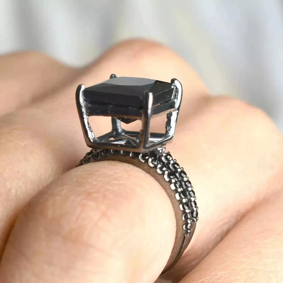 Anillo de plata esterlina 925 maciza diamante negro princesa 5ct VS1 natural certificado Foto 3 de 4