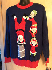 Tipsy Elves Christmas Sweater Blue Crewneck Men's XL Santa Down Chimney