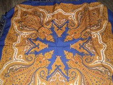 vintage woman's square scarf blue/brown paisley 35 x 35 w fringe made in Japan