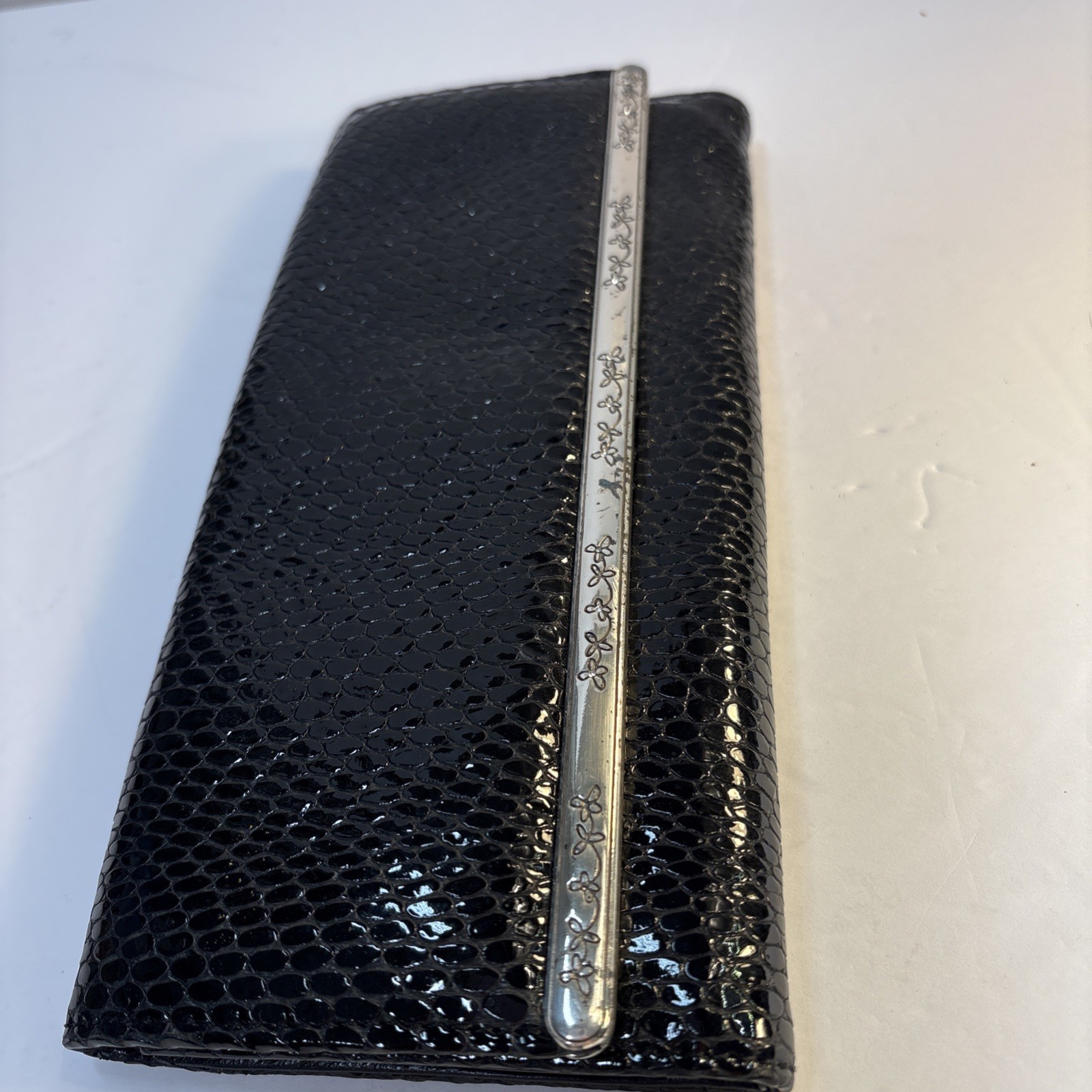 Black Brighton Patent Leather Python Embossed Clu… - image 9