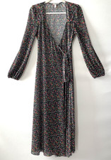 ASOS Floral Pleated Wrap Maxi Dress Long Sleeve Black Polyester Size 6 -(C)
