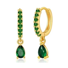 Emerald Huggie Drop Earrings for Women Gold 18K Real Plated Simulated Emerald...