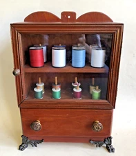 Antique~LOVELY SMALL WALL MOUNTED WOODEN SEWING/THREAD SPOOL CABINET/BOX~Exc.