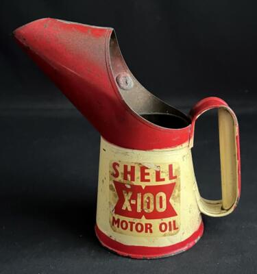 SHELL X100 PINT MOTORÖLKANNE AUSGIESSER MESSEN GARAGE VORPLATZ TANKSTELLE DOSE