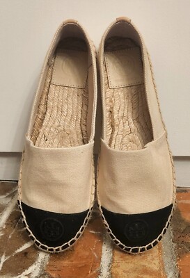 Tory Burch Color Block Flat Espadrille Size 6.5, Embroidered Logo, Cream & Black