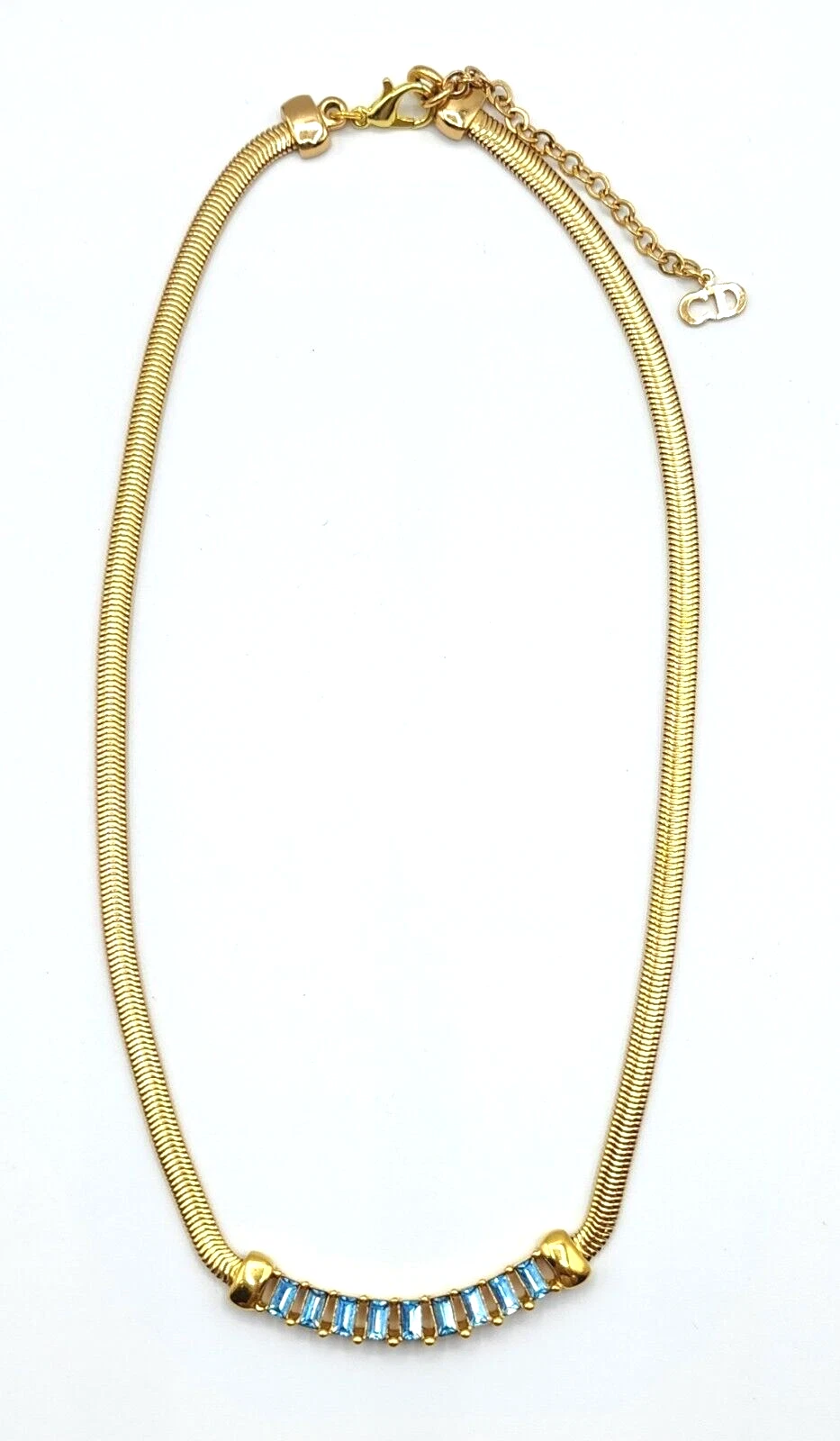 Collana Choker Vintage Christian Dior Placcata in Oro con Bambino Cristallo Blu