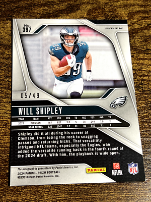 WILL SHIPLEY 2024 Panini Prizm Purple Power Refractor Auto /49