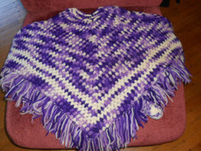Vintage Handmade Knitted Poncho Shawl Purple/Ivory Fringe Crochet 70s Youth Or S