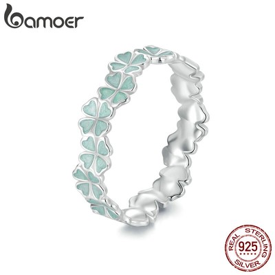 Bamoer S925 Sterling Silver Green Four-leaf Cz Wedding Rings Women Gifts Jewelry