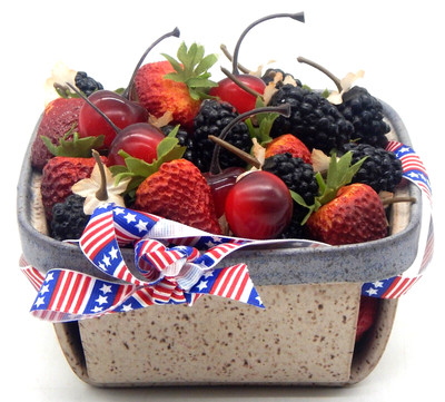 VTG Ceramic Pottery Square Basket Filled W/Faux Assorted Fruit Berries
