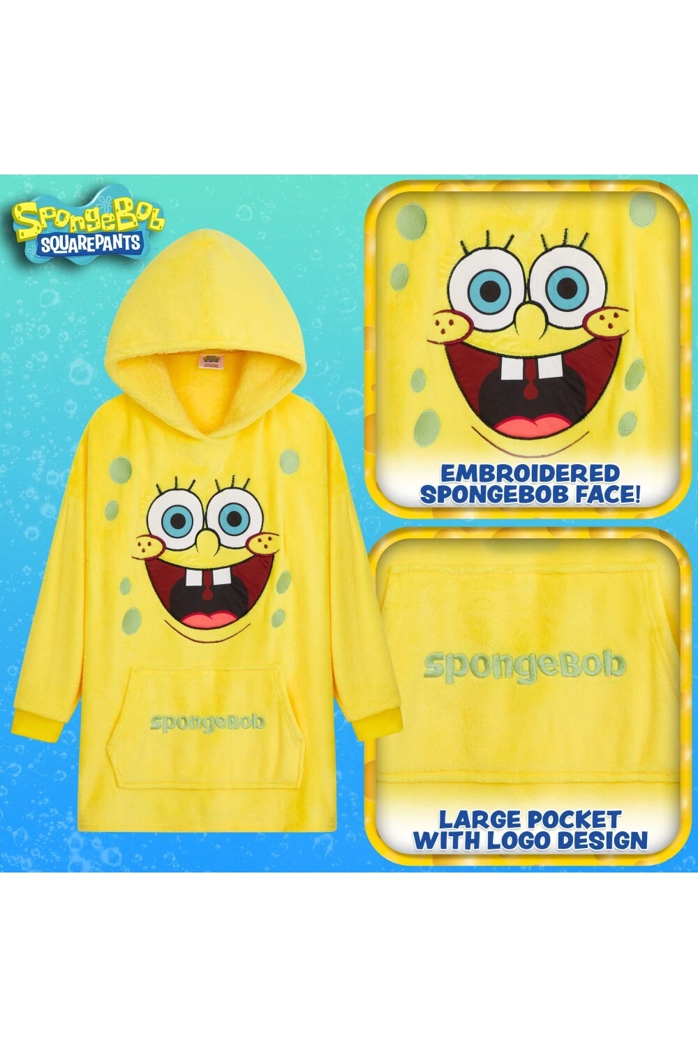 Spongebob Squarepants Kids Boys Oversize Poncho Pocket Long Sleeved Blanket