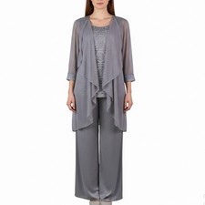 R M Richards Womens Gray Polyester 3-Piece Jacket Top Pants Set Size 12 Formal W