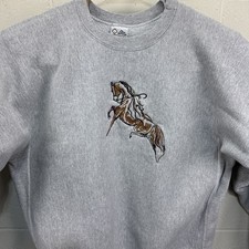 Vintage Embroidered Horse Sweatshirt Crewneck Western Reverse Weave Grey XL