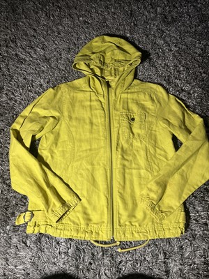 Eddier Bauer Denim Jacket Womens S Hood Bright Green Linen Cotton Full Zip