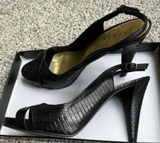 Lauren Black Peep Toe Leather Slingback Heels, Black Matte Snake Sz 9.5 M.