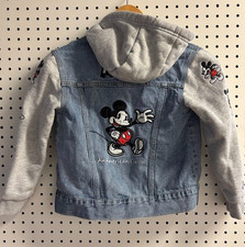 Disney Denim Jacket Kids 5 6 Mickey Mouse Hooded Embroidered Back Patch Sleeves