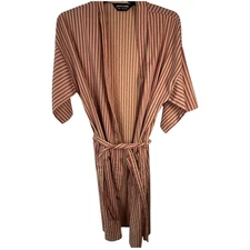 VTG Pierre Cardin Striped Robe Beige Red White Short Sleeve Belted Loungewear