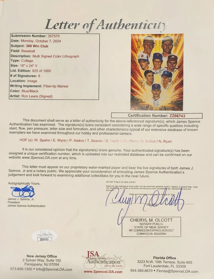 300 GANANCIAS FIRMADAS NOLAN RYAN SEAVER NIEKRO PERRY SUTTON CARLTON SPAHN JSA LOA Foto 2 de 2