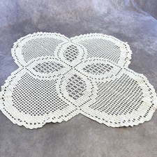 Vintage Handmade Crochet Doily Cream 21" Cotton Filet Lace Cottagecore Clover