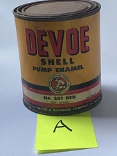 A vtg NOS 1950’s Devoe Shell Oil Gas Pump Enamel Paint Can Full Red Paper Label
