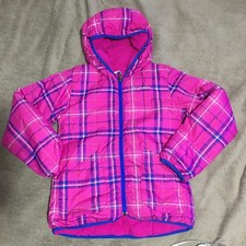COLUMBIA Youth Girls Pink Blue Plaid Hooded Reversible Puffer Jacket Sz M 10-12