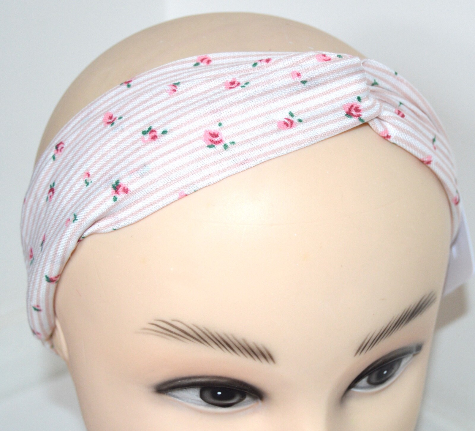 NEW Pink Stripe Rose Print Link Detail Headband Stretch Bandeaux Fashion Womens