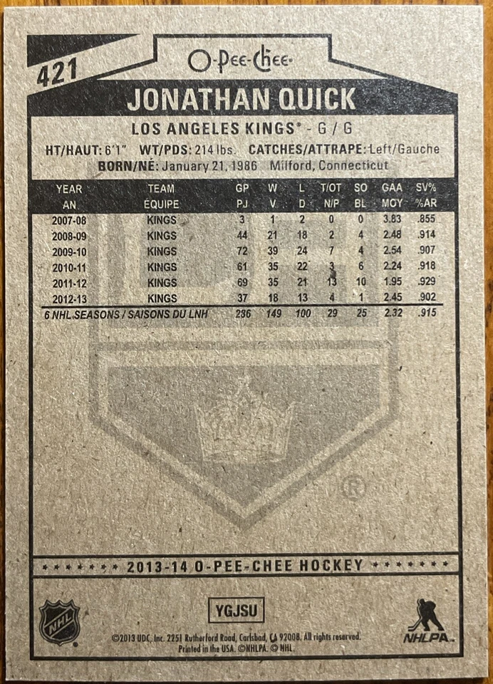 2013-14 O-Pee-Chee Red Jonathan Quick #421 Los Angeles Kings - Image 2 of 2