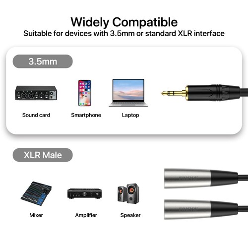 Dual XLR to 3.5mm Cable 6ft, XLR Male Y Splitter to 1/8 inch TRS AUX Cable, U... - Picture 2 of 6