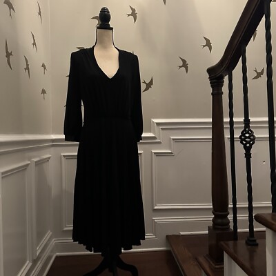 BCBG Black Dress Satin Trim V Neck 3/4 Sleeve Midi Accordian Pleated Skirt Med