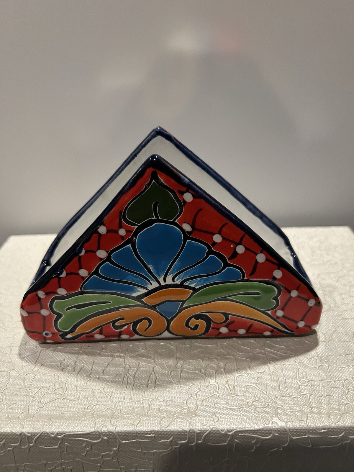 Talavera Hand-Painted Mexican Pottery Napkin Holder 2-Sided Multicolor Design