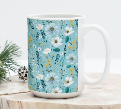 Turquoise Garden Coffee Tea Mug Cup 15 Oz Floral Ceramic White by Mugzan NEW