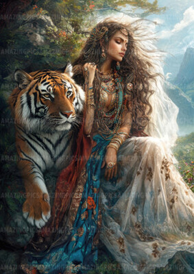 Durga Kunstdruck Hindu Göttin mit Tiger Berg Blick Göttlich Weiblich AC83