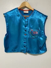 Vintage VAL MODE Blue satin lingerie rainbow buttons floral embroidered sz M