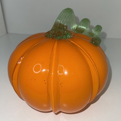 Blown Glass Pumpkin Orange Brown Curly Stem Yellow Highlight Fall Halloween 