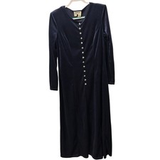 Vintage 90s Chiasso Navy Velvet Maxi Dress Jewel Buttons Long Sleeve 16