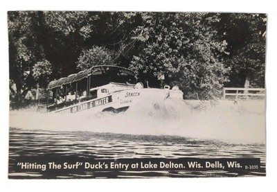 Amphibious Duck Boat on Lake Delton Hitting the Surf WI Dells Wisconsin Postcard