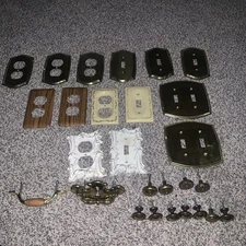 Vintage Lot of 27 Brass Ceramic Electric Outlet Wall Switch Plate Covers & Knobs