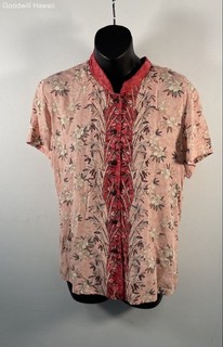 Vintage Iolani Women's Pink Floral Bamboo Rayon Aloha Shirt Blouse Size M
