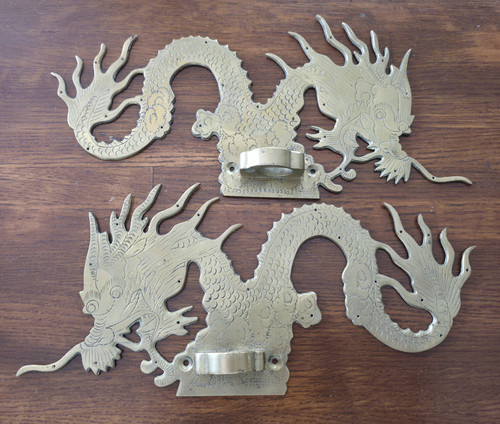 VINTAGE Solid Brass East-West Chinese Dragon Wall Hanging Set of 2 - Hong Kong