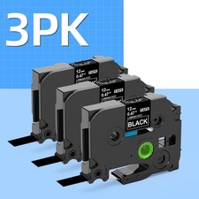 3Packs 0.47" 12MM White on Black Label Tape For Brother TZ335 P-Touch TZE335