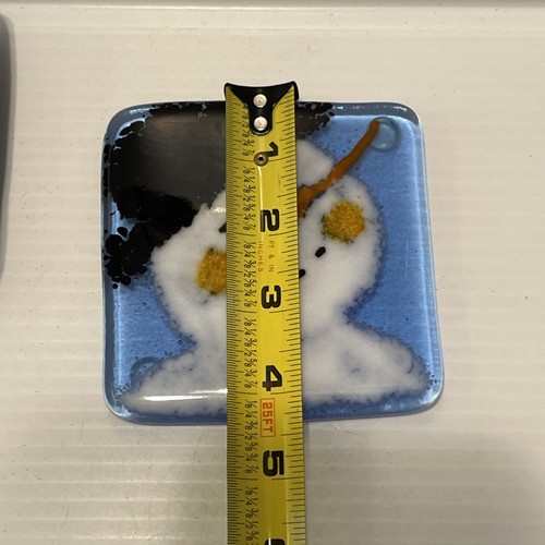 Fused Art Glass Coaster Blue Snowmen Set Of 4 Square Winter Farmhouse Decor - Picture 5 of 6