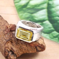 Natural Lemon Quartz Gemstone With 14K White Gold Plated Silver Men's Ring #412