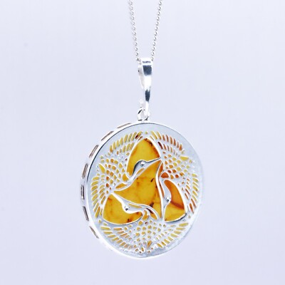 Large Baltic Amber Sterling Silver Heron Necklace UK
