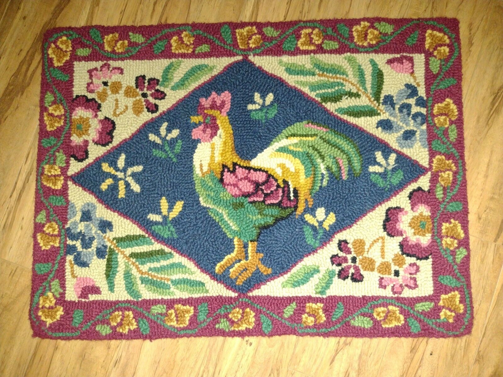 Vintage Hand Hooked Rooster Wool Rug Mat Floral 25" x 19" Vibrant Multi Colors