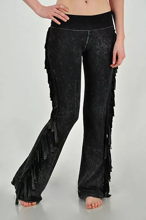 T-Party Mineral Wash Side Fringe Yoga Pants Black Small